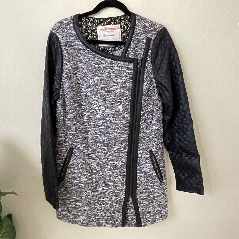 Cartonnier Anthropologie Tweed Faux Vegan Leather Asymmetrical Zip Jacket Coat L